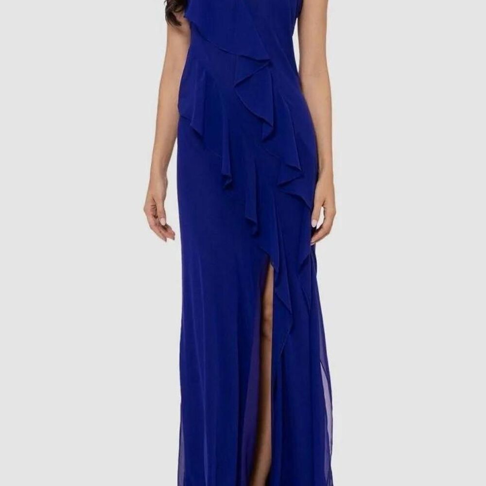 Betsy & Adam Blue Chiffon Formal Dress